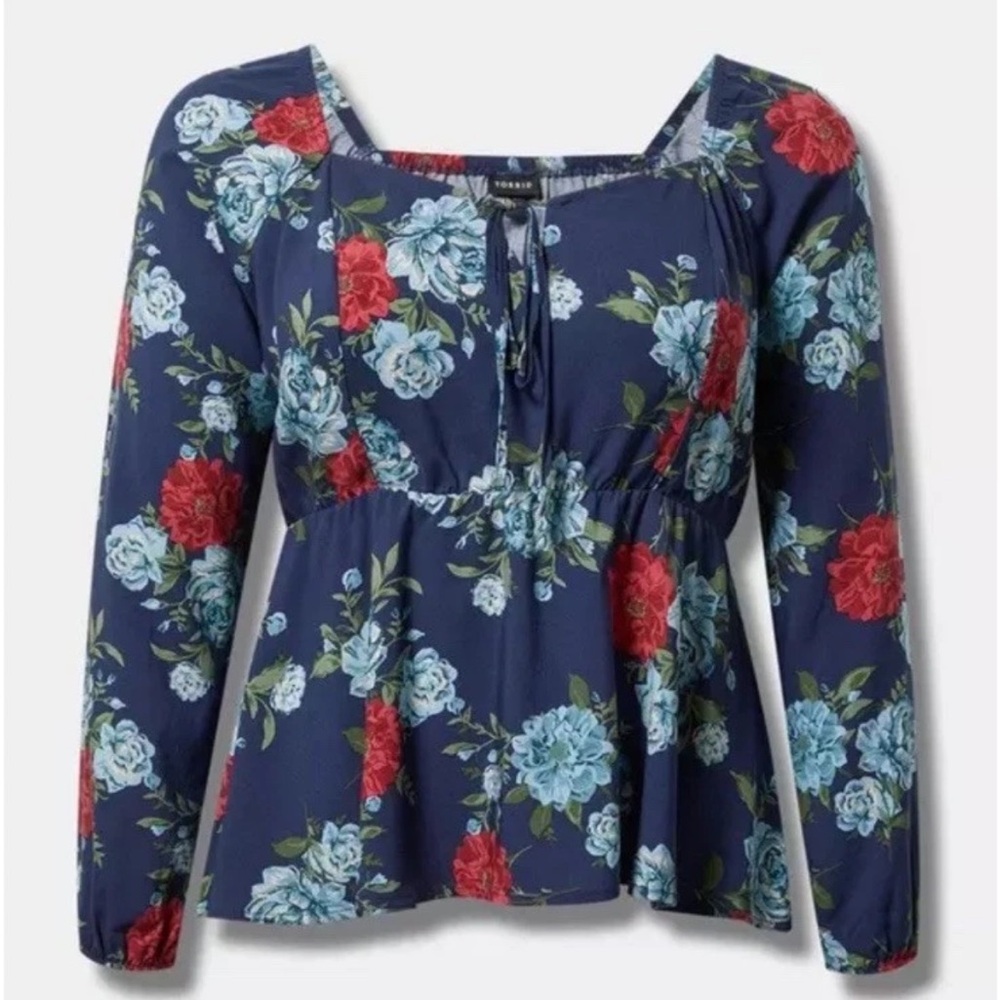 Torrid Peplum Challis Sweetheart Top Floral Grande Blooms Blue Size 1X